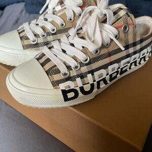 Burberry Tan and White Plaid Sneakers